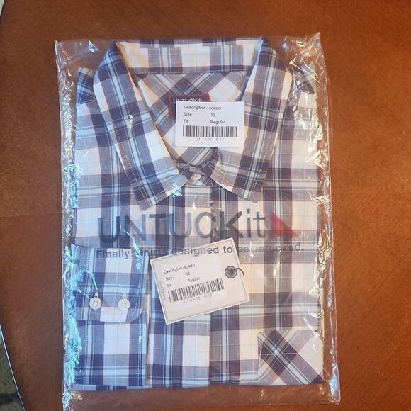Untuckit Long Sleeve Button Down 100% Cotton Shirt, Size 10, Blue & White Plaid - Picture 7 of 8